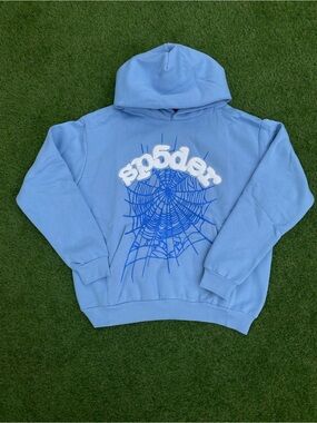 Light Blue Hooded Sweatshirt with Spider Web Graphic